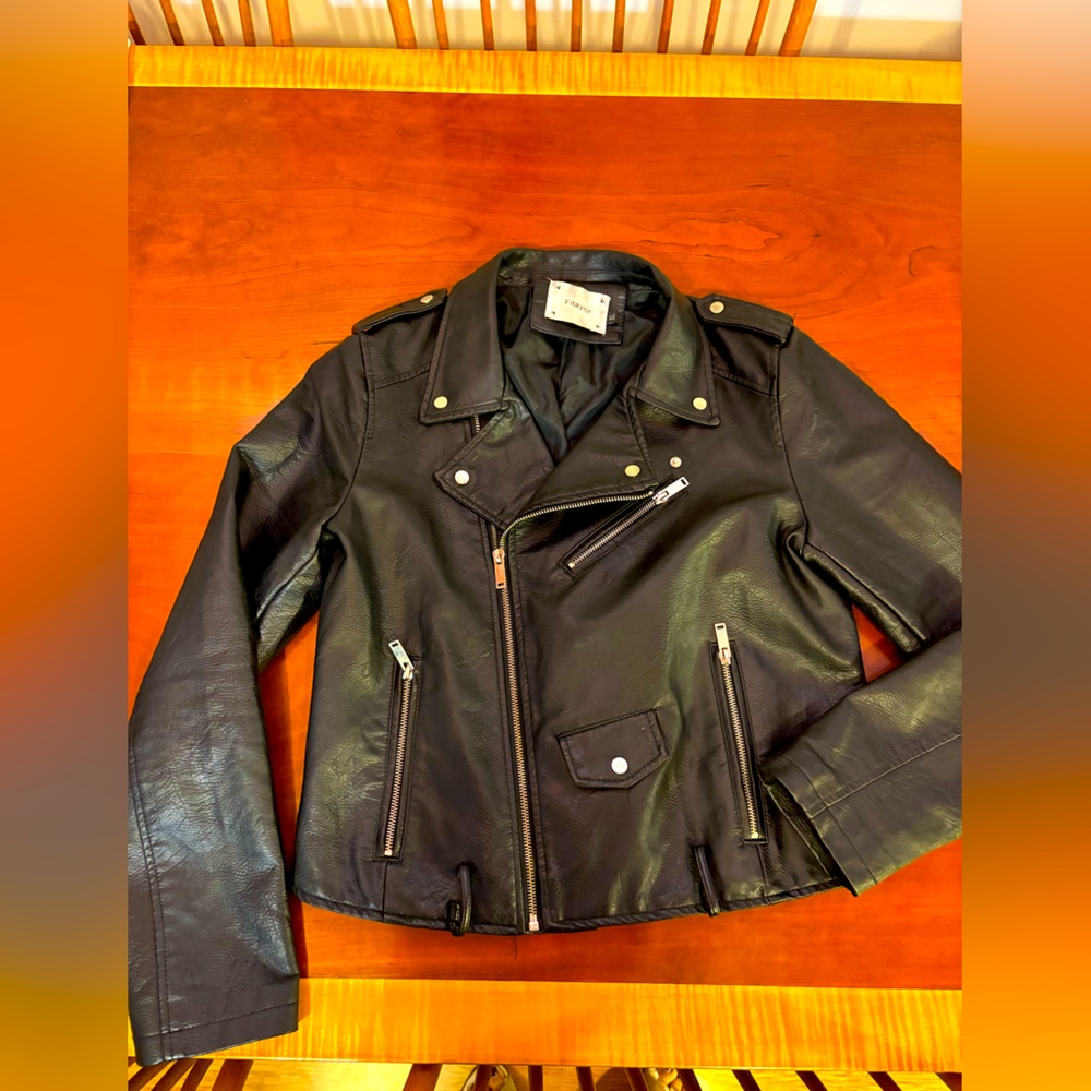 Faux leather biker jacket.
